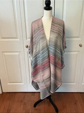 Striped Open-Front Poncho Shrug in Pink and Gray